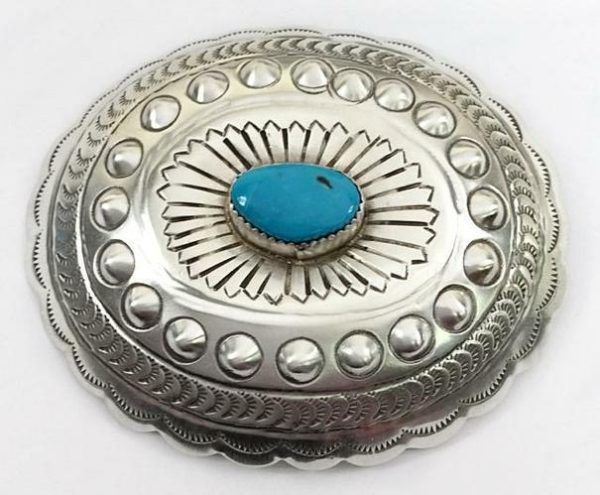 Navajo Carson Blackgoat Silver Stamped Buckle with Turquoise Stone