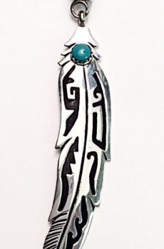 Navajo T-R Singer Stamped Feather Pendant with Turqouise Stone